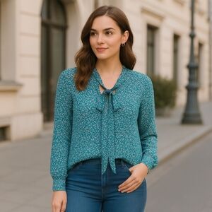 LOFT Floral Tie-Neck Blouse Small | Boho Feminine Layering Top | Soft Fall Color